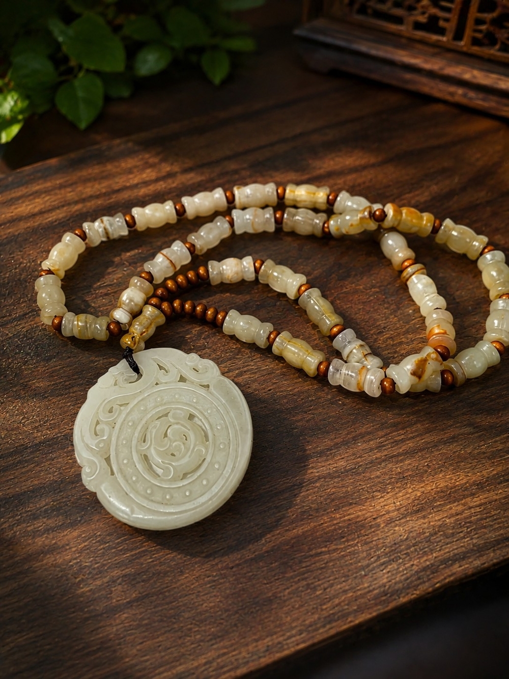 Handcrafted White Jade Pendant Necklace with Amber Accents